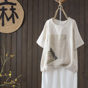 Áo T-shirt linen ngắn tay cổ tròn in trừu tượng - NU8780