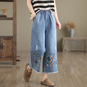 Quần baggy denim lửng lưng thun thêu hoa văn retro - Q012