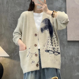 Áo khoác len cashmere dài tay cổ V in cô gái và chú thỏ - NU9279