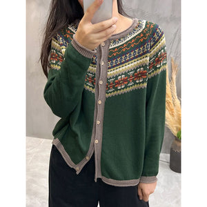 Áo khoác cardigan len đan dài tay cổ tròn hoa văn retro - NU9321