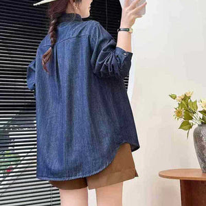 Áo sơ mi denim dài tay cổ đức thêu hoa lá đối xứng - A649