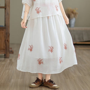 Bộ đồ linen gồm áo sơ mi ngắn tay thêu hoa lá và chân váy chữ A - NU10183