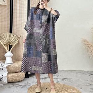 Đầm liền linen tay lửng cổ tròn hoa văn BOHO - NU10352