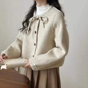 Áo khoác len cashmere dài tay cổ tròn thắt dây - A375