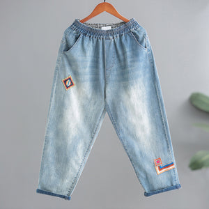 Quần baggy denim lửng lưng thun thêu sắc cầu vồng - Q033