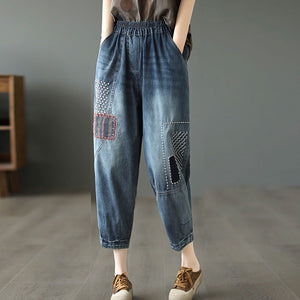 Quần baggy denim lưng thun ống côn thêu hoa văn trừu tượng - NU8679