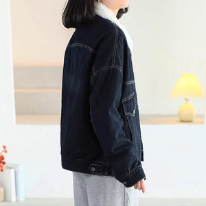 Áo khoác denim dài tay cổ đức lót lông - A653