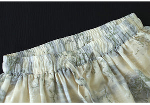 Chân váy linen lưng thun hai lớp in hoa lá - NU10246
