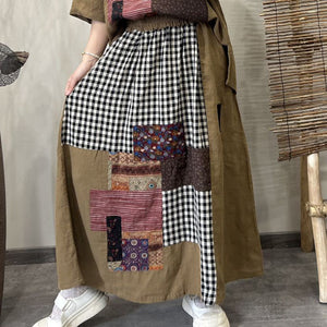 Chân váy xòe linen phối caro - B018