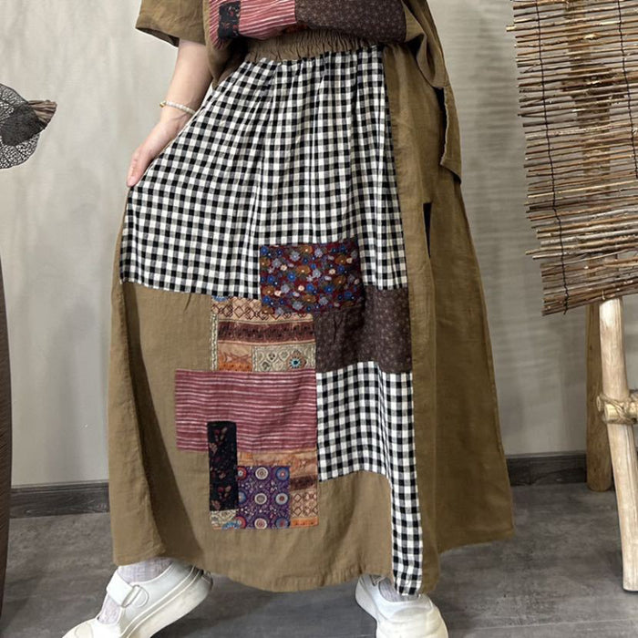 Chân váy xòe linen phối caro - B018