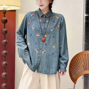 Áo sơ mi denim dài tay cổ đức thêu retro - A049