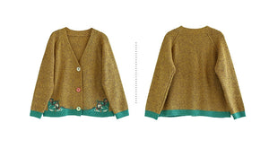Áo khoác len đan dài tay cổ V hoa văn retro ba khuy - NU9282