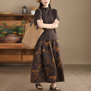 Chân váy linen retro lưng thun in hoa mùa xuân - NU9840