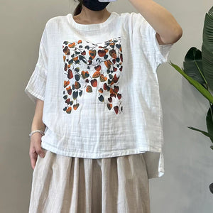 Áo T-shirt linen ngắn tay cổ tròn in những chiếc lá trái tim - NU10486