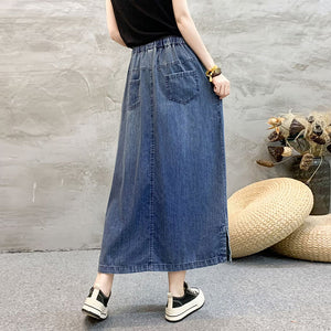 Chân váy denim lưng thun dây rút thêu hoa lá sắc màu - NU10492