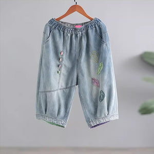 Quần baggy denim lửng lưng thun thêu những chiếc lá - NU8943