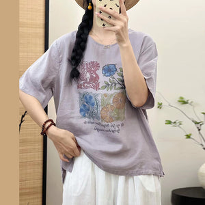 Áo T-shirt linen ngắn tay cổ tròn in hoa lá và chim retro - NU10357