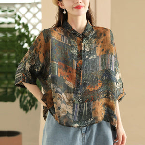 Áo sơ mi linen ngắn tay cổ đức in hoa văn ô vuông retro - NU10481