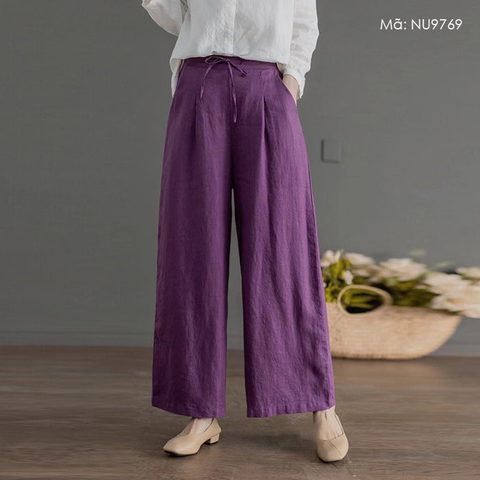 Quần baggy linen lưng thun ống rộng đơn sắc - NU9765