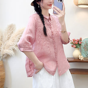 Áo sơ mi linen ngắn tay cổ đức thêu hoa lá khuy đôi - NU10462