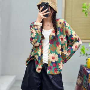 Áo len cardigan dài tay cổ V in hoa sắc màu - A507