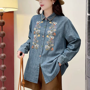 Áo sơ mi denim dài tay thêu hoa lá đối xứng - A048