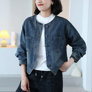 Áo khoác denim dài tay cổ tròn vạt chéo - A069