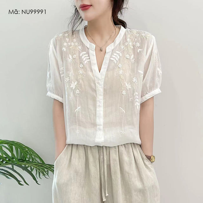 Áo sơ mi linen ngắn tay cổ tròn xẻ V thêu hoa lá đối xứng - NU9999