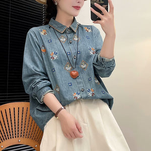 Áo sơ mi denim dài tay cổ đức thêu retro - A049