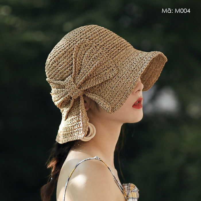 Mũ cói móc tay retro kiểu đính nơ - M004