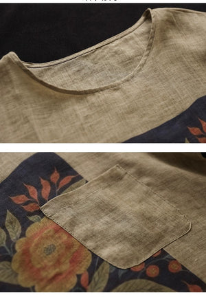 Áo T-shirt linen ngắn tay cổ tròn hoa lá tĩnh vật - NU10154