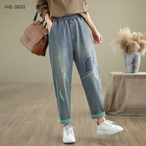 Quần baggy denim lưng thun ống côn thêu đám mây cười - Q052