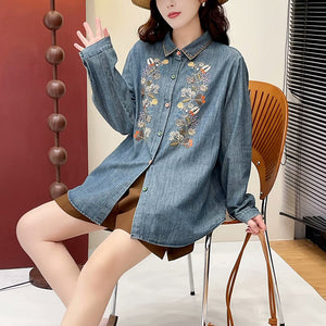 Áo sơ mi denim dài tay thêu hoa lá đối xứng - A048