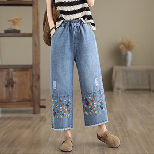 Quần baggy denim lửng lưng thun thêu hoa văn retro - Q012