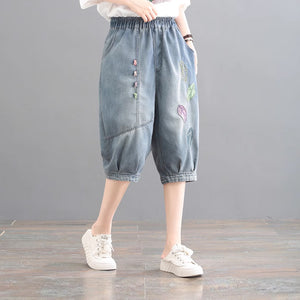 Quần baggy denim lửng lưng thun thêu những chiếc lá - NU8943