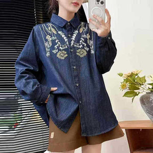 Áo sơ mi denim dài tay cổ đức thêu hoa lá đối xứng - A649