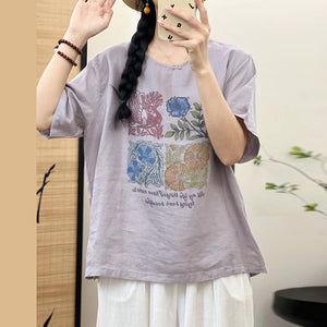 Áo T-shirt linen ngắn tay cổ tròn in hoa lá và chim retro - NU10357