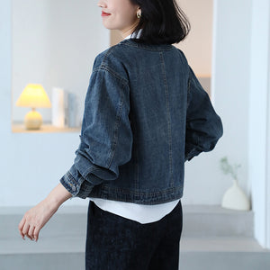 Áo khoác denim dài tay cổ tròn vạt chéo - A069