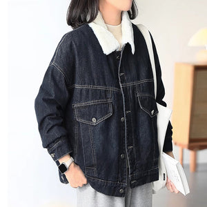 Áo khoác denim dài tay cổ đức lót lông - A653