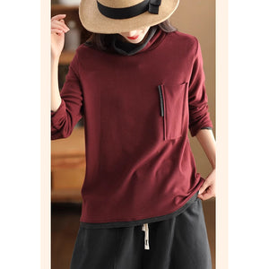Áo T-shirt dài tay cổ lọ phối màu đơn sắc một túi - NU9381