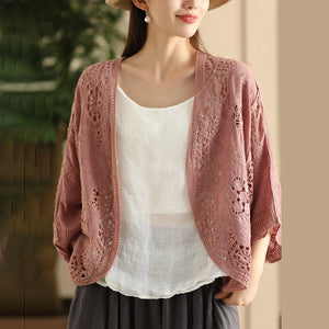 Áo khoác cardigan dệt kim tay lửng thêu hoa văn retro - A033