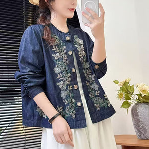 Áo sơ mi denim dài tay cổ tròn thêu hoa lá đối xứng - A650