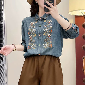 Áo sơ mi denim dài tay thêu hoa lá đối xứng - A048