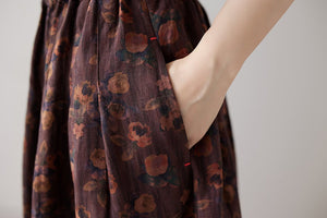 Chân váy linen retro lưng thun chữ A in hoa liti - NU9982