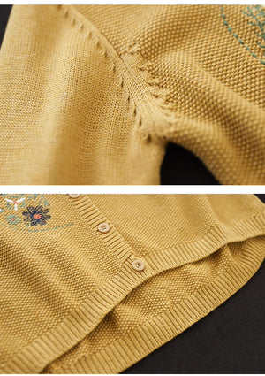 Áo khoác len đan dài tay cổ tròn thêu hoa lá - NU9139