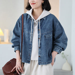 Áo khoác denim dài tau cổ đức một túi ngang nhỏ - A057