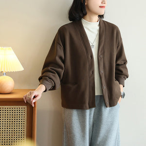 Áo khoác nhung cardigan dài tay cổ V hai túi - A403