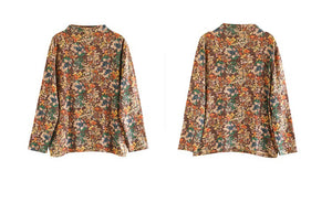 Áo T-shirt dài tay dệt kim cổ lọ in hoa lá retro - NU9416