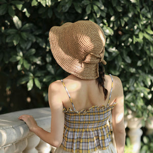 Mũ cói móc tay retro kiểu đính nơ - M004