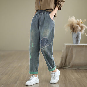 Quần baggy denim lưng thun ống côn thêu đám mây cười - Q052